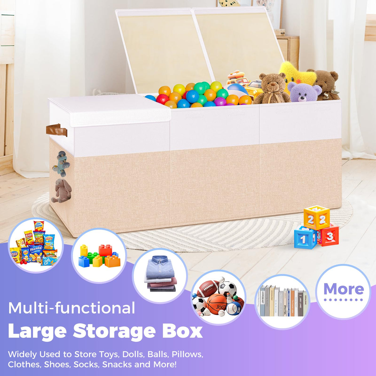 Extra Large Toy Storage Box with Lid, Collapsible Sturdy Toy Chest Storage Organizer Bin Basket with Divider for Kids, Boys, Girls, Closet, Playroom, Bedroom, Nursery, 40"X14"X16", Beige & White
