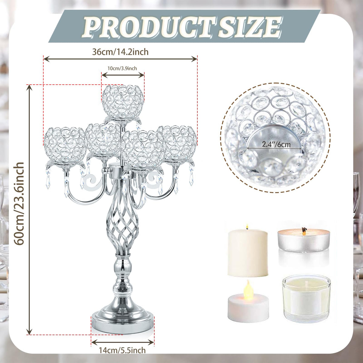 Kehail 5-Arm Crystal Candelabra Centerpiece 23.2" Tall - Elegant Candle Holder Stand with Crystal Bowl, Chic Table Decor for Weddings, Parties, Anniversary & Home Decoration (2, Silver)
