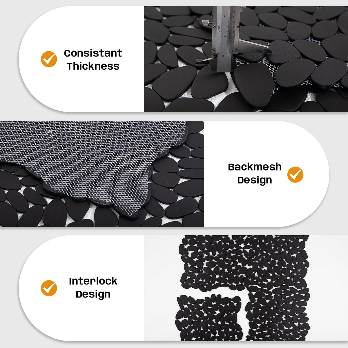 Adolif Pebble Tile for Shower Floor, Black Long Oval Pebble Mosaic Backsplash for Kitchen Bathroom Wall and Floor Tile and Outdoor Areas, 5 Sheets