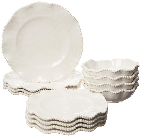 Perlette Off-White Beaded 12-Piece Dinnerware Set – Includes 4 Dinner Plates, 4 Salad Plates, 4 Bowls (7.5" x 2", 22 oz) – Elegant Unbreakable Melamine, Heavyweight, Perfect for Indoor/Outdoor Dining