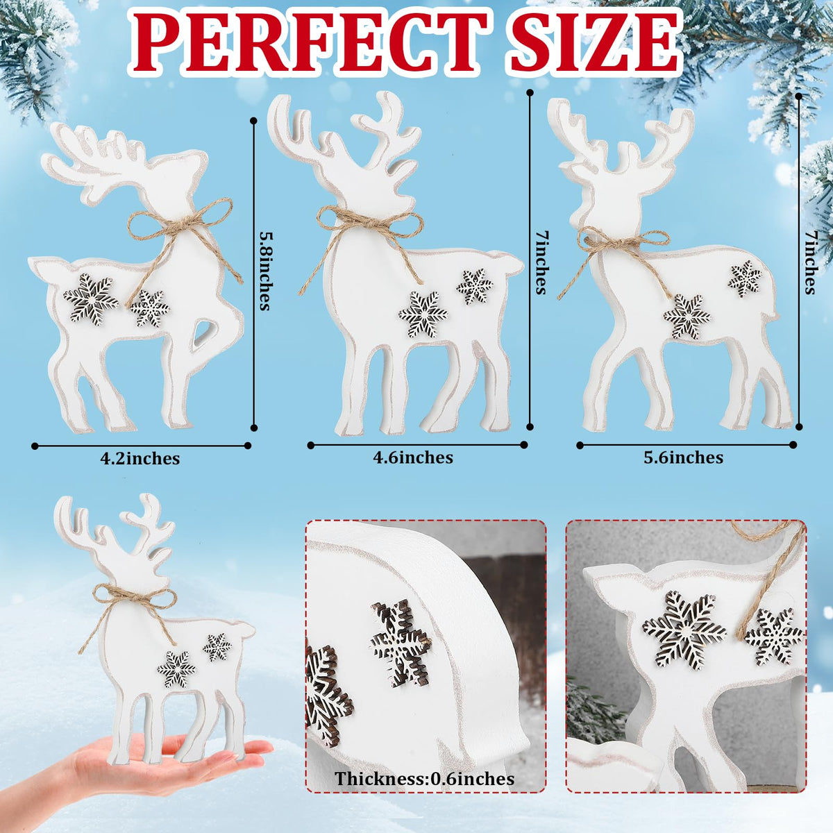 3Pcs Cute Christmas Tiered Tray Decor Indoor, Wooden Farmhouse Reindeer Christmas Tabletop Decorations Xmas Centerpiece, Rustic Reindeer Sign Standing Elk Decor for Home Shelf (White)