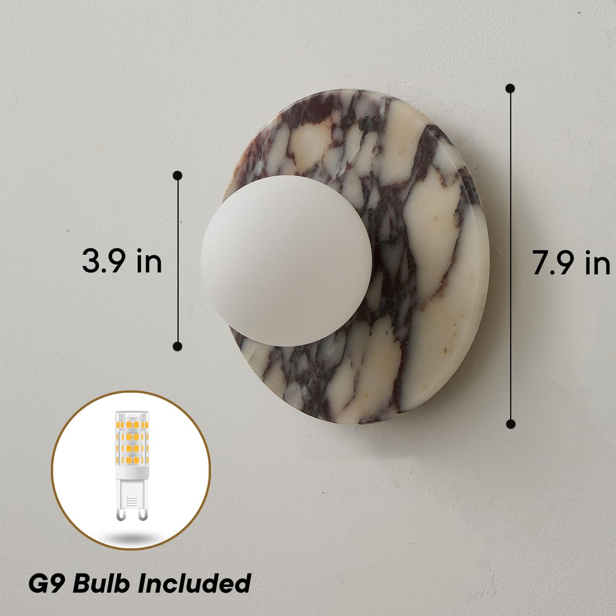 DLITISH 7.9 inch Natural Marble Wall Sconce, 1-Light Modern Alabaster Wall Lamp with Glass Lampshade, G9 Base Hardwired Stone Sconce Light for Bedroom, Living Room, Corridor, Bathroom, Entryway
