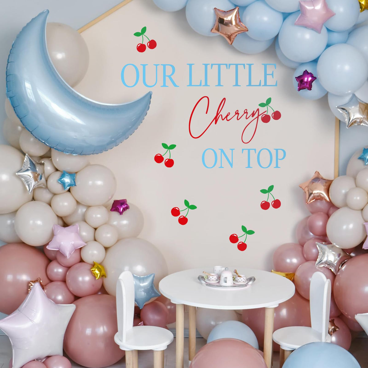 FYSUIMU Our Little Cherry On Top Decal Cherries Backdrop Decorations Party Stickers Red Blue Welcome Sign Decal for Balloon Arch Wedding Baby Shower Birthday