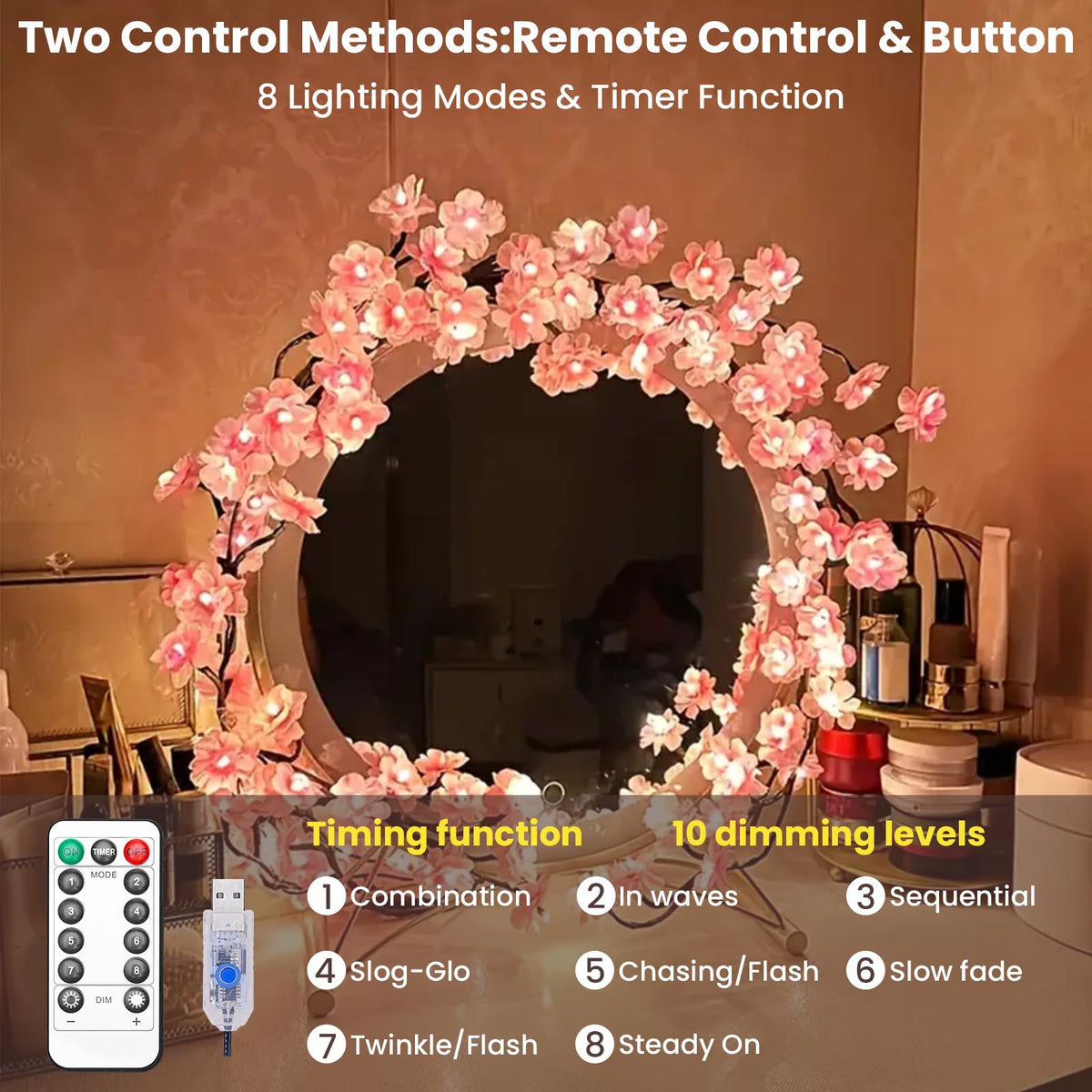 BomKra Cherry Blossom Tree Branch Lights for Wall,Cherry Enchanted Willow Vine Lights,with 72 LED and 8 Lighting Modes,Remote Timer,for Bedroom Wall Doors Windows Wedding Christmas Holiday (63inch)