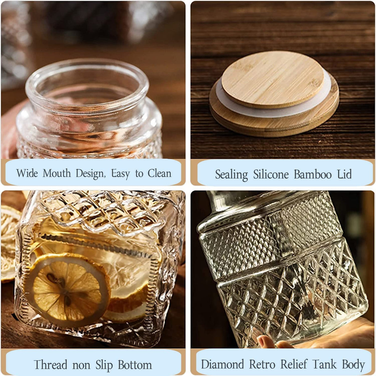Large Glass Storage Jar, 2 Pack 60 FL OZ Glass Food Storage Containers with Bamboo Lid, Kitchen Laundry Room Organization Decorative Jar for Candy Cookies Coffee Beans Flour Nuts Airtight Glass Jars