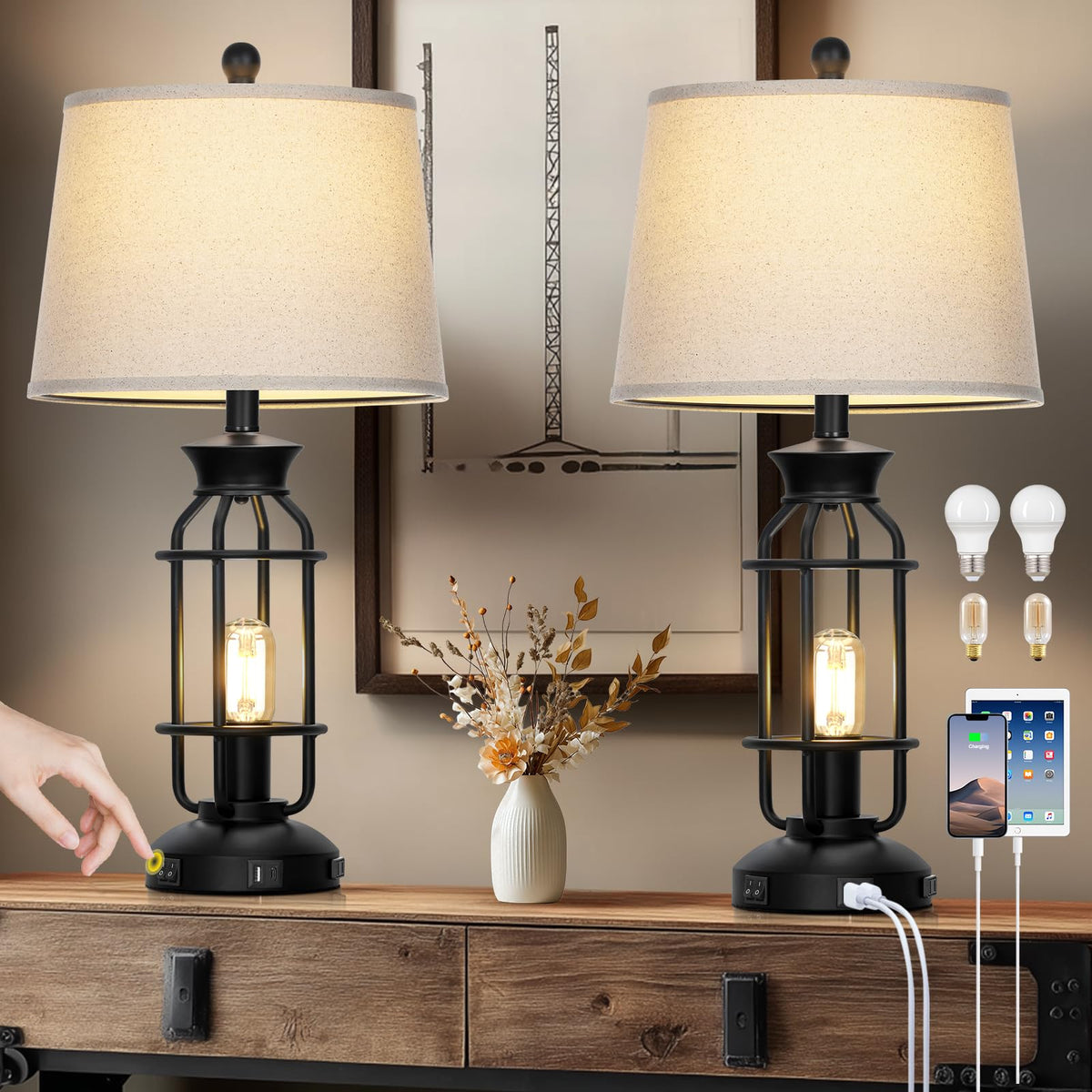 28" Vintage Table Lamps with USB C+A Ports & AC Outlet, Industrial Farmhouse Table Lamp Set of 2, Black Modern Nightstand Beside Lamps with 2 Night Light for Living Room Bedroom(4 LED Bulbs Included)