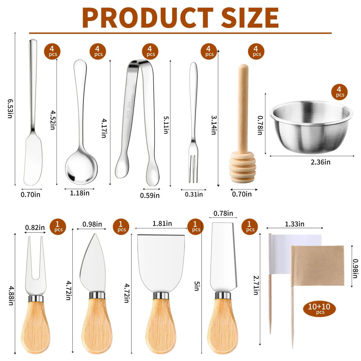 48 Pcs Charcuterie Boards Accessories Butter Spreader Knives Set Stainless Steel Cheese Mini Serving Tongs Spoons Forks Dipping Bowl Toothpick Flags Utensil for Pastry Making Wedding Christmas(Sliver)