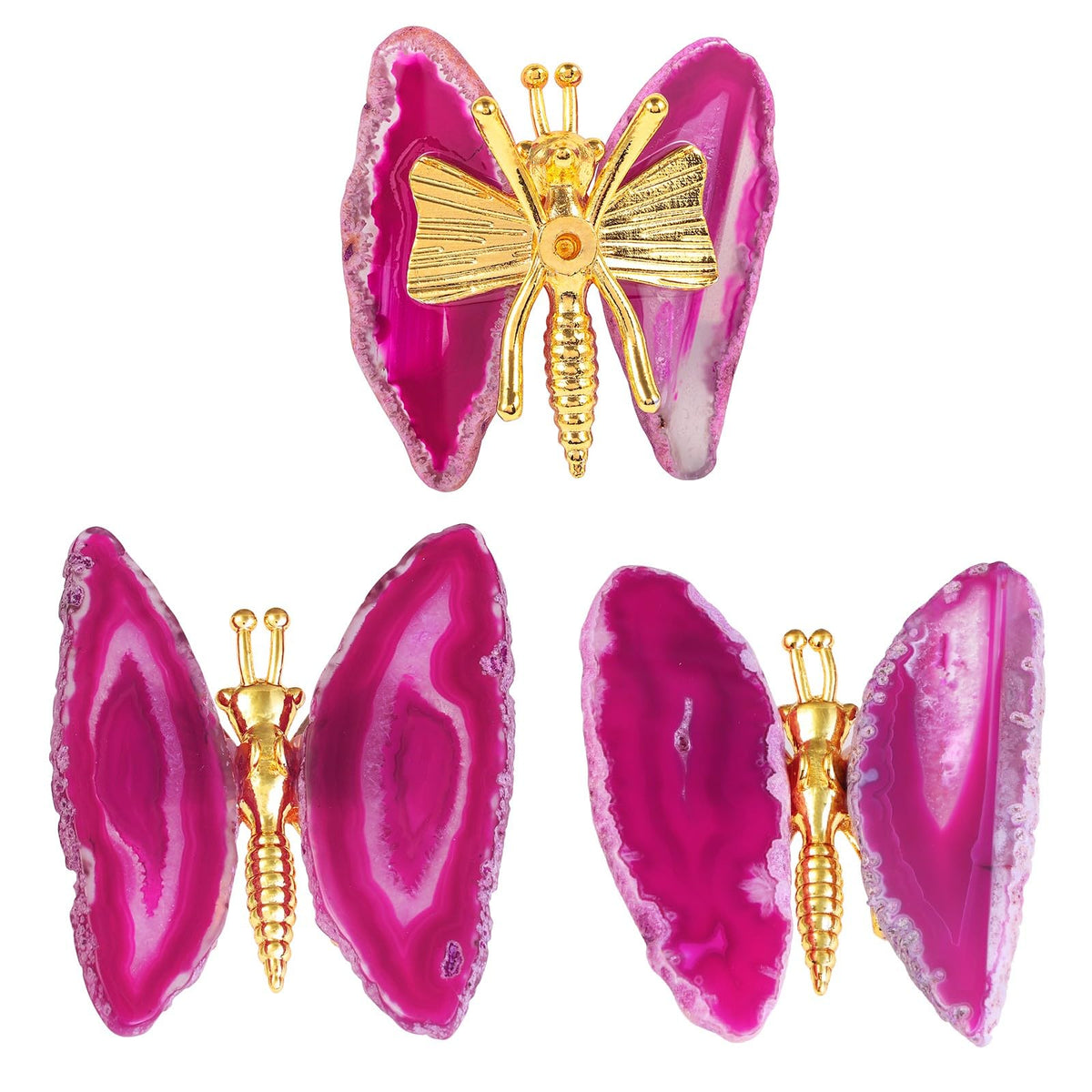 dssmboom Pack of 2 Geode Agate Slice Butterfly Figurine for Desktop Decor, Golden Butterfly with Fuchsia Agate Slice Wings for Collection or Display