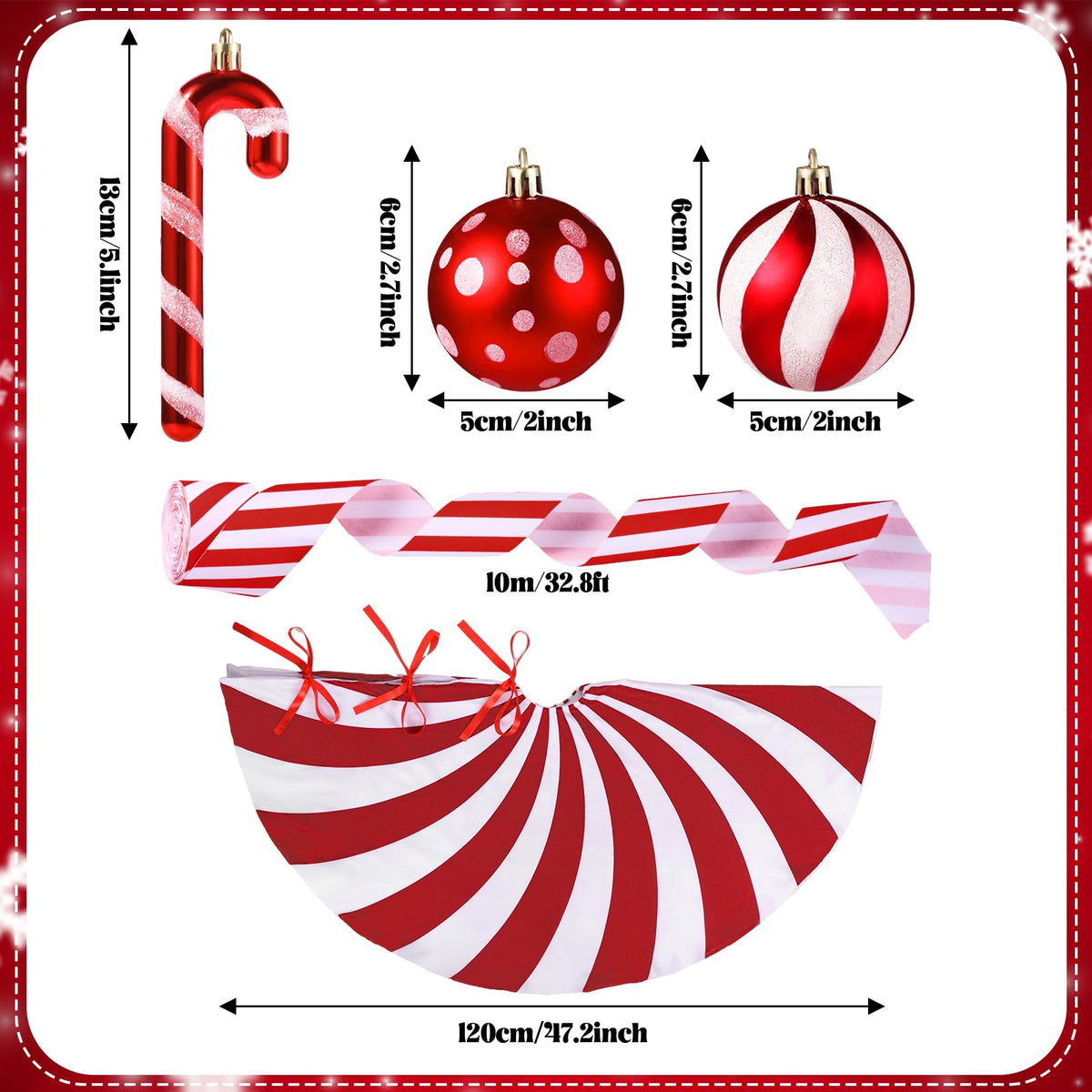 Shappy 38 Pcs Christmas Tree Ornaments Sets, Candy Cane Red White Stripes Xmas Tree Hanging Decorations, Plastic Xmas Ball Variety Shapes with Ribbon New Year Holiday Party Supplies(Cute,47.2'')
