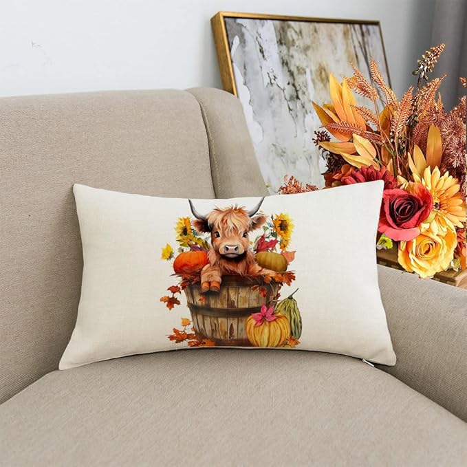 RABUSOFA Fall Decor Pillow Covers 12x20 Inch Lumbar Highland Cow Autumn Fall