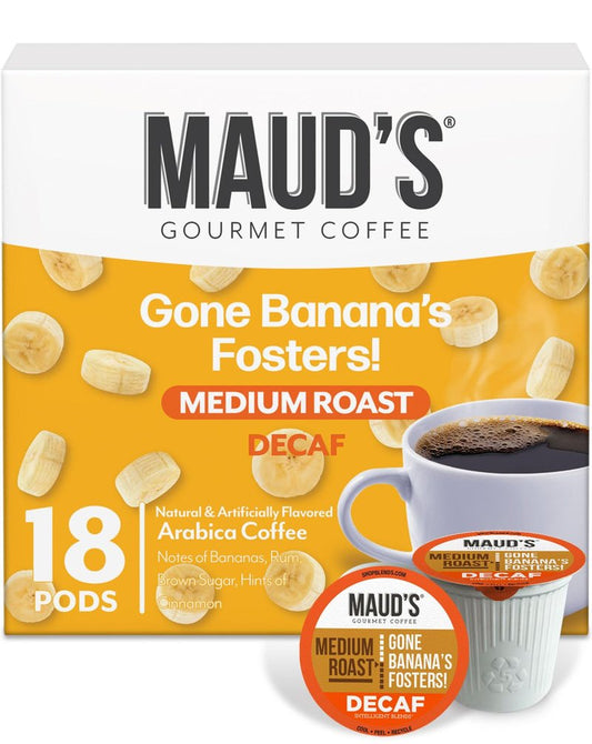 Maud's Decaf Banana Flavored Coffee Pods, 18 ct, Decaffeinated Medium Roast Flavored Coffee in Single Serve Pods – 100% Arabica Beans, Compatible with Keurig K Cups Maker