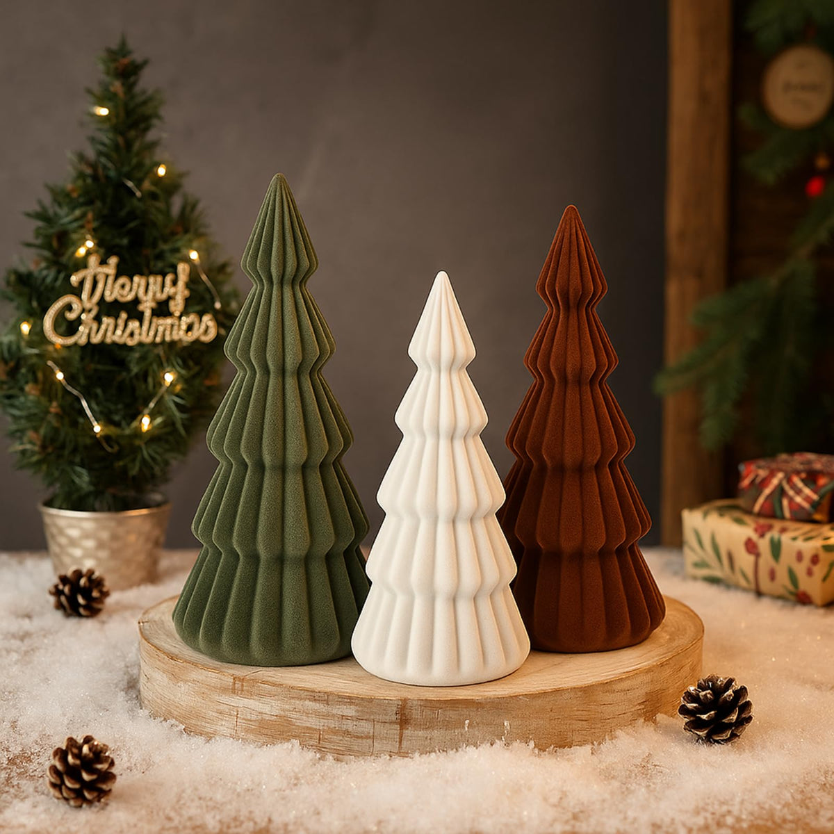 Relaxgiant Set of 3 Velvet Ceramic Christmas Trees Decoration Large Modern Velvet Cone Christmas Tree Figurine Decor Holiday Xmas Winter Indoor Home Tabletop Mantel Centerpiece(Green, Beige, Brown)
