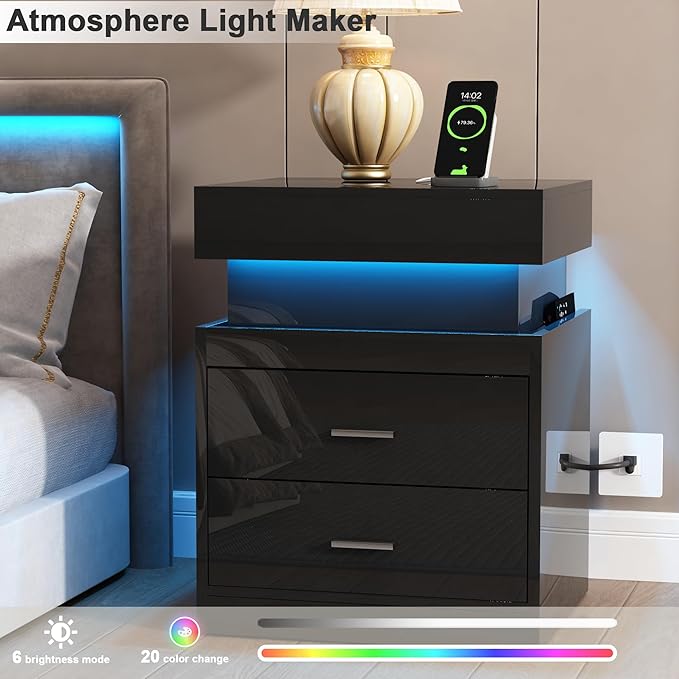ChooChoo LED Nightstand with Charging Station, Smart Night Stand with Sliding