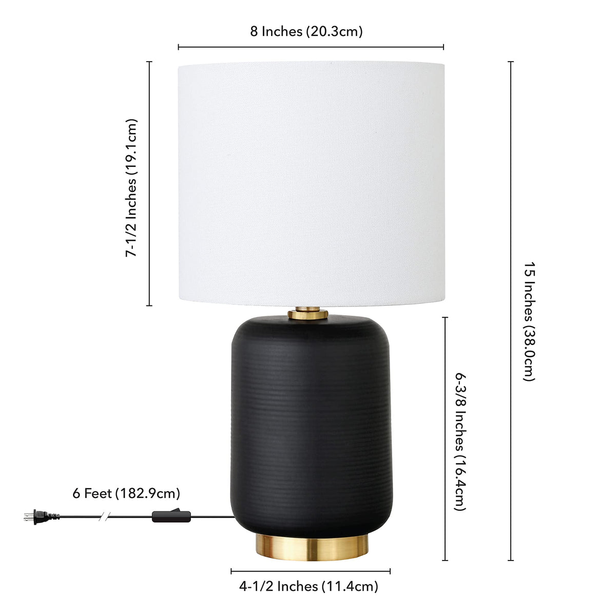 Henn&Hart 15" Modern 1-Light Table Lamp with Chiffon White Fabric Drum Shade for Living Room, Bedroom, or Office, Flat Black