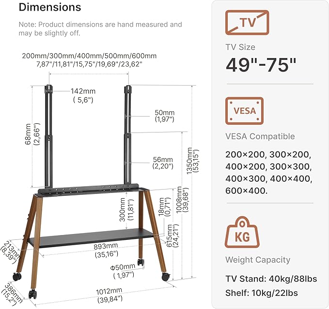 Rolling Easel TV Stand for 49–75 Inch TVs, Mobile TV Cart