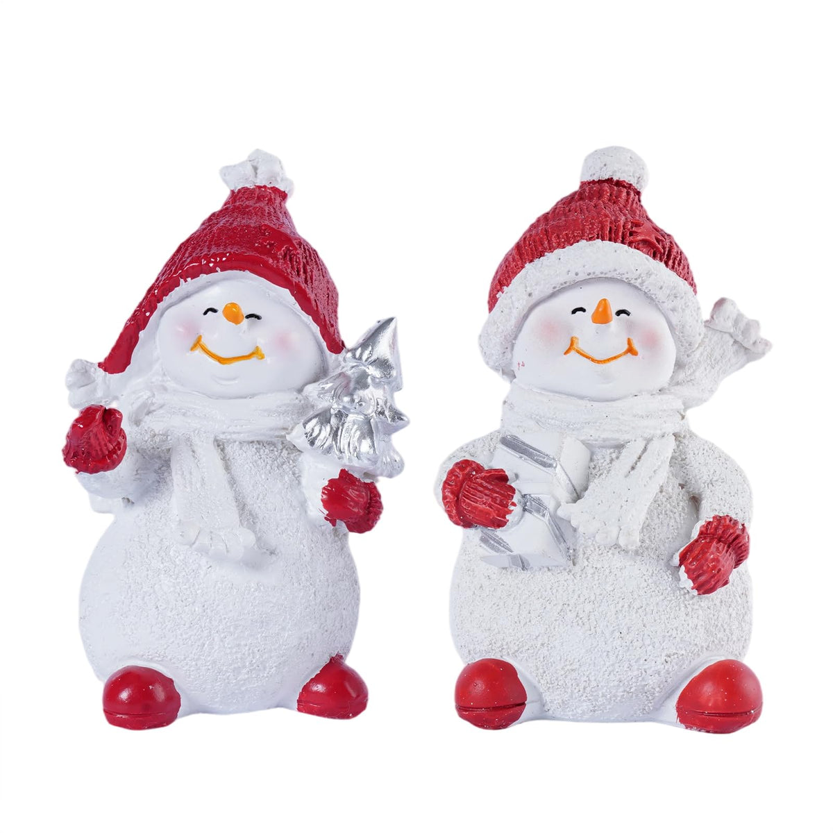 Brizoria Snowman Figurines Set of 2 White Resin Christmas Decorations with Red Accents Winter Mantel Decor and Holiday Centerpieces for Table Home Indoor Tiered Tray Room Display
