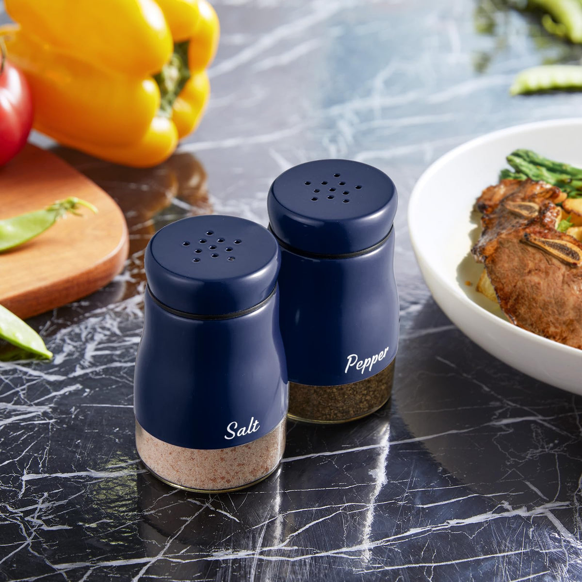 Navy Blue Salt and Pepper Shakers Set, Bivvclaz 5 Ounce Salt and Pepper Dispenser with Glass Bottom, Cute Salt and Pepper Shakers for Blue Kitchen Decor and Accessories