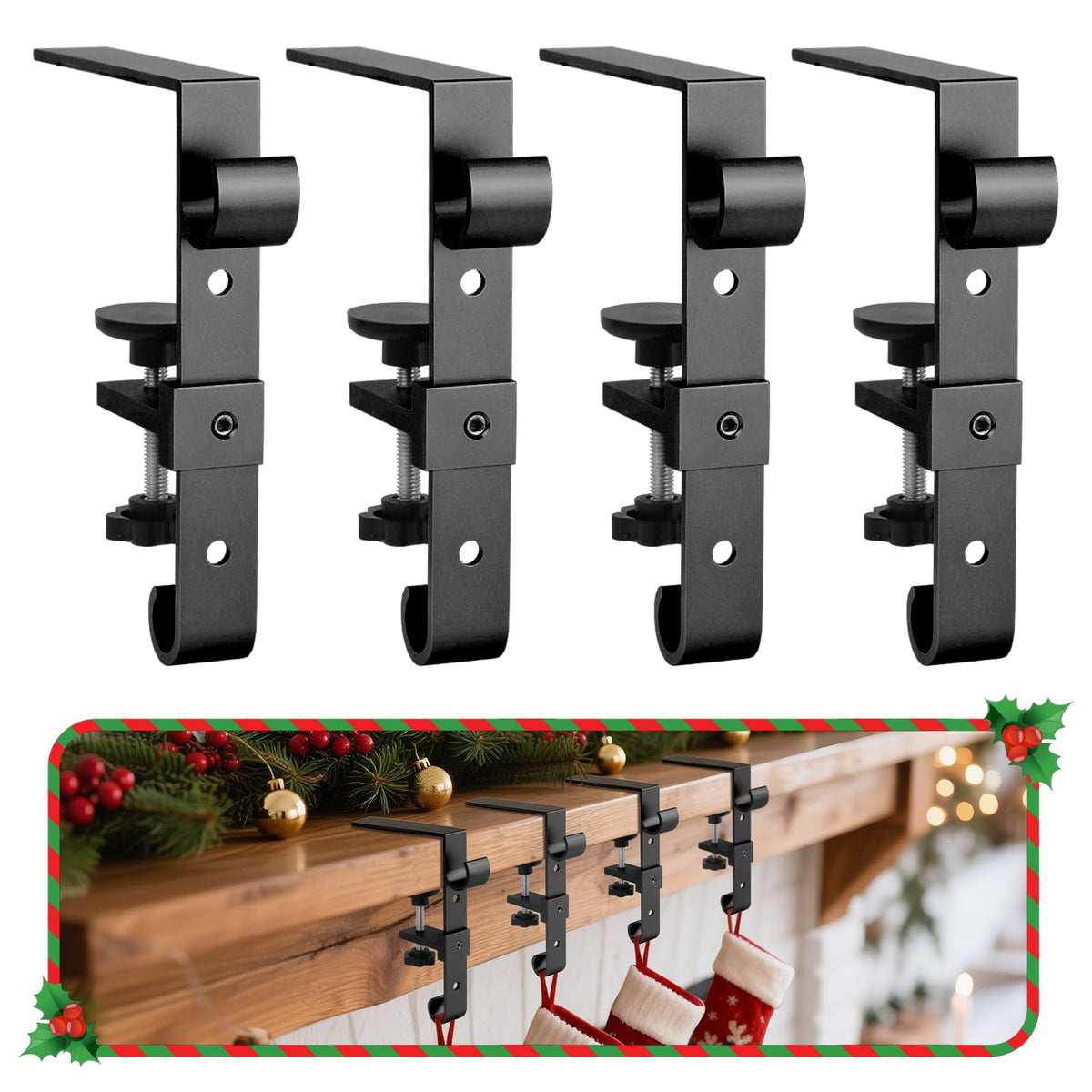 Acrridi Stocking Hangers for Mantel,4 Pcs 2 in 1 Adjustable Fireplace Christmas Stocking Holder,No-Drill, Easy to Install Garland Hanger for Christmas Decorations,Fits 0.1”-3.5”Mantles(Black, 4)