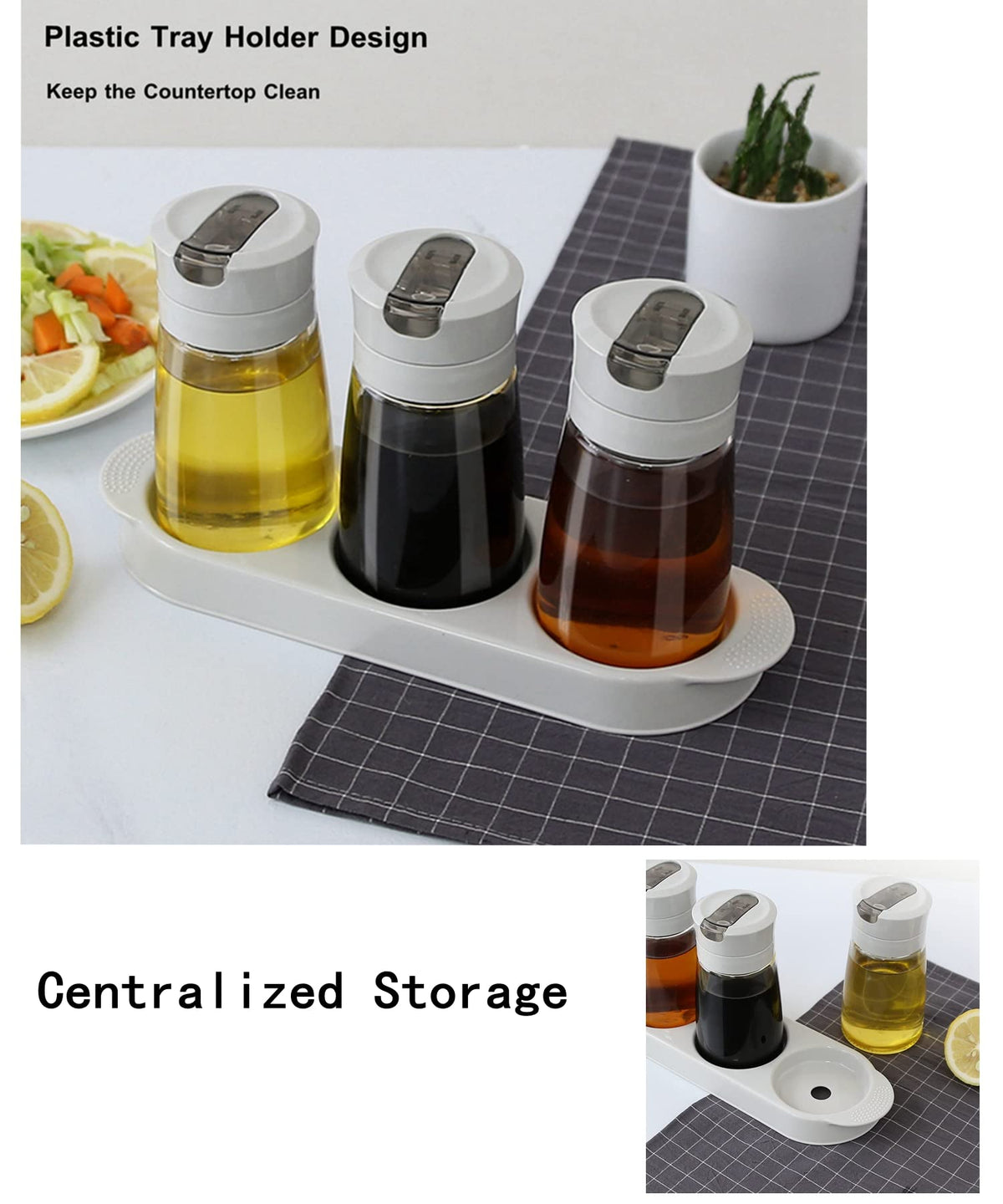 TIAN CHEN Soy Sauce Dispenser Set, Auto Flip Cap Vinegar Bottles, 3 in 1 Leakproof Glass Cooking Oil Container with Base Small(8.5OZ, Apricot)