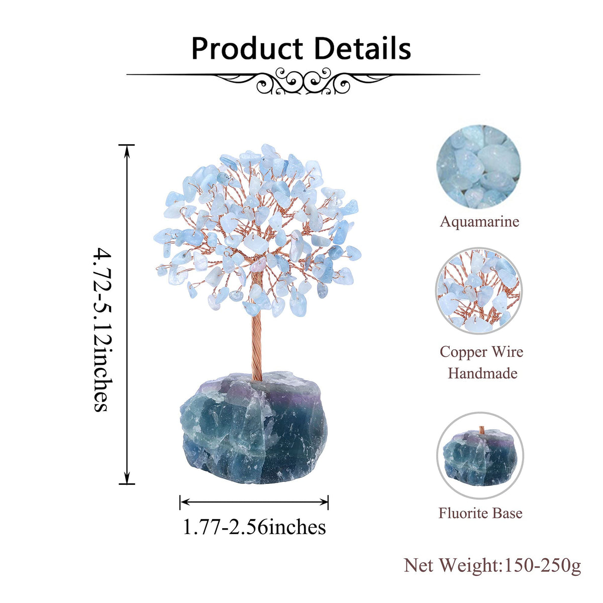 Jovivi Natural Aquamarine Crystal Tree, Raw Healing Crystals Fluorite Base Bonsai Money Tree for Home Office Table Decor Wealth and Luck