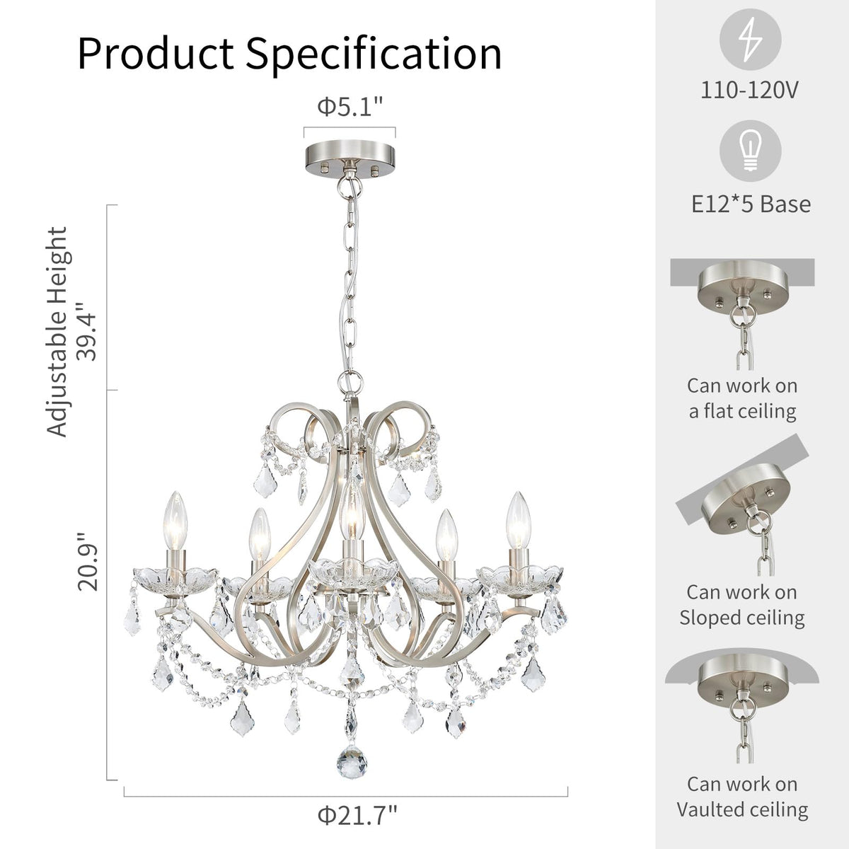 WUZUPS Crystal 5-Light Candle Chandelier Pendant Flushmount Ceiling Light Modern Lighting Fixture for Bedroom Hallway Bar Kitchen Bathroom, H 20.9" x W 21.7", Brushed Nickel, E12 Base