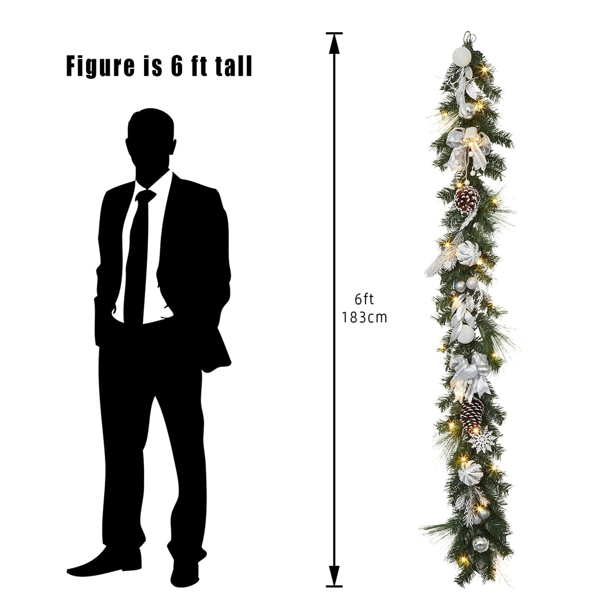 Adeeing Christmas Garland with Lights, 6 ft Pre-lit Silver White Christmas Garland with Ball Ornaments Pine Cones Berries Battery Operated Lights for Indoor Outdoor Fireplace Staircase Decoration