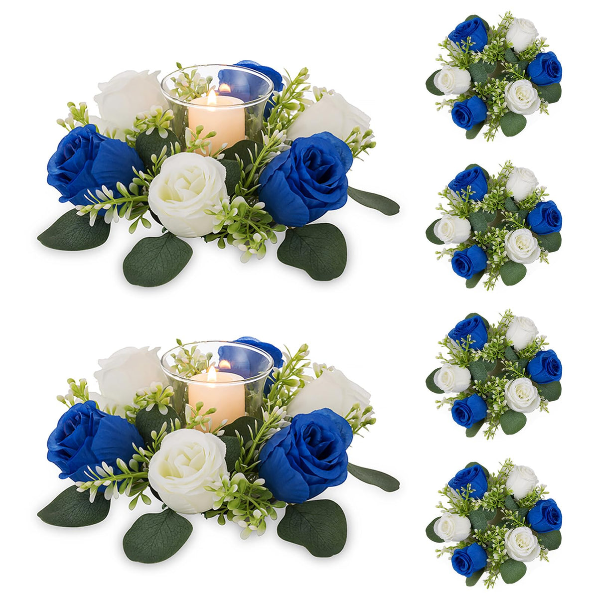 NUPTIO Small Wreath for Table Centerpieces: 9.05 Inch Royal Blue & White Flower Candle Rings for Wedding Party Christmas - Rose Wreaths for Spring Summer Front Door Porch Decor 6 Pcs