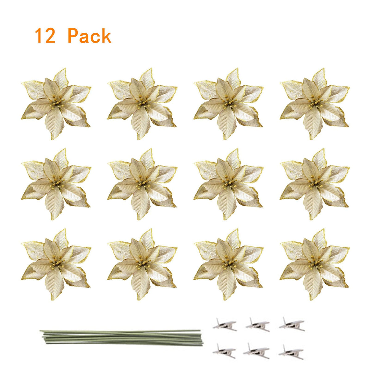 KEPATO Christmas Glitter Poinsettia Christmas Tree Ornaments Pack of 12 (Gold)
