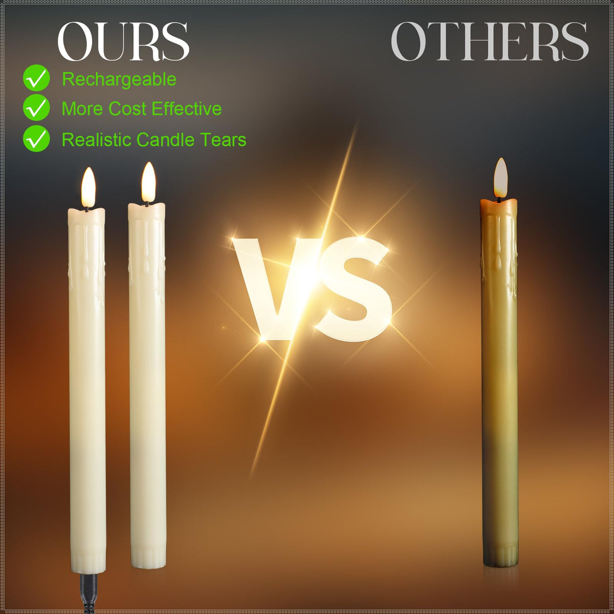 Retisee 4 Sets Rechargeable Flameless Taper Candles with Remote and Timer 9.8" Battery Operated Flickering Pillar Candles LED Dripless Wax Candlesticks for Christmas Home Window Fireplace