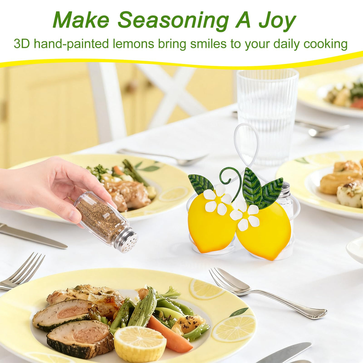 Lemon Cute Salt and Pepper Shakers Set with Holder - 2oz Seasoning Containers with Lemon Decor Holder, Yellow Kitchen Decor and Accessories, Housewarming Gifts for Women, Portable Metal Stand