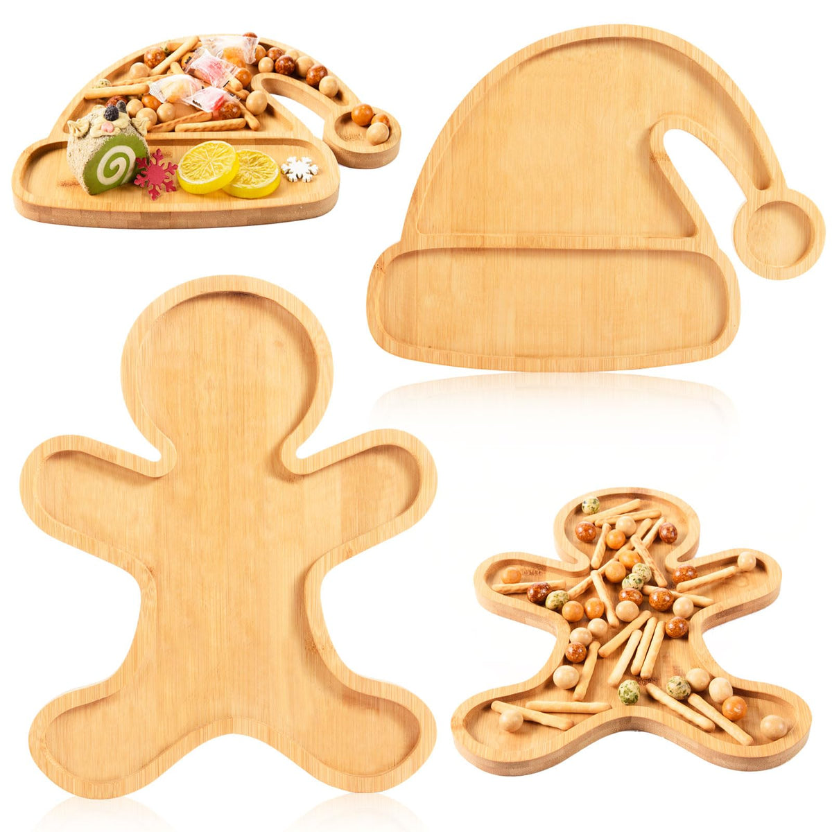 AWIZOM 2 Pcs Christmas Serving Platters Santa Hat and Gingerbread Man Shaped Wood Trays Winter Bamboo Charcuterie Boards Decorative Wood Snack Dish Plates for Xmas Holiday Housewarming Presents