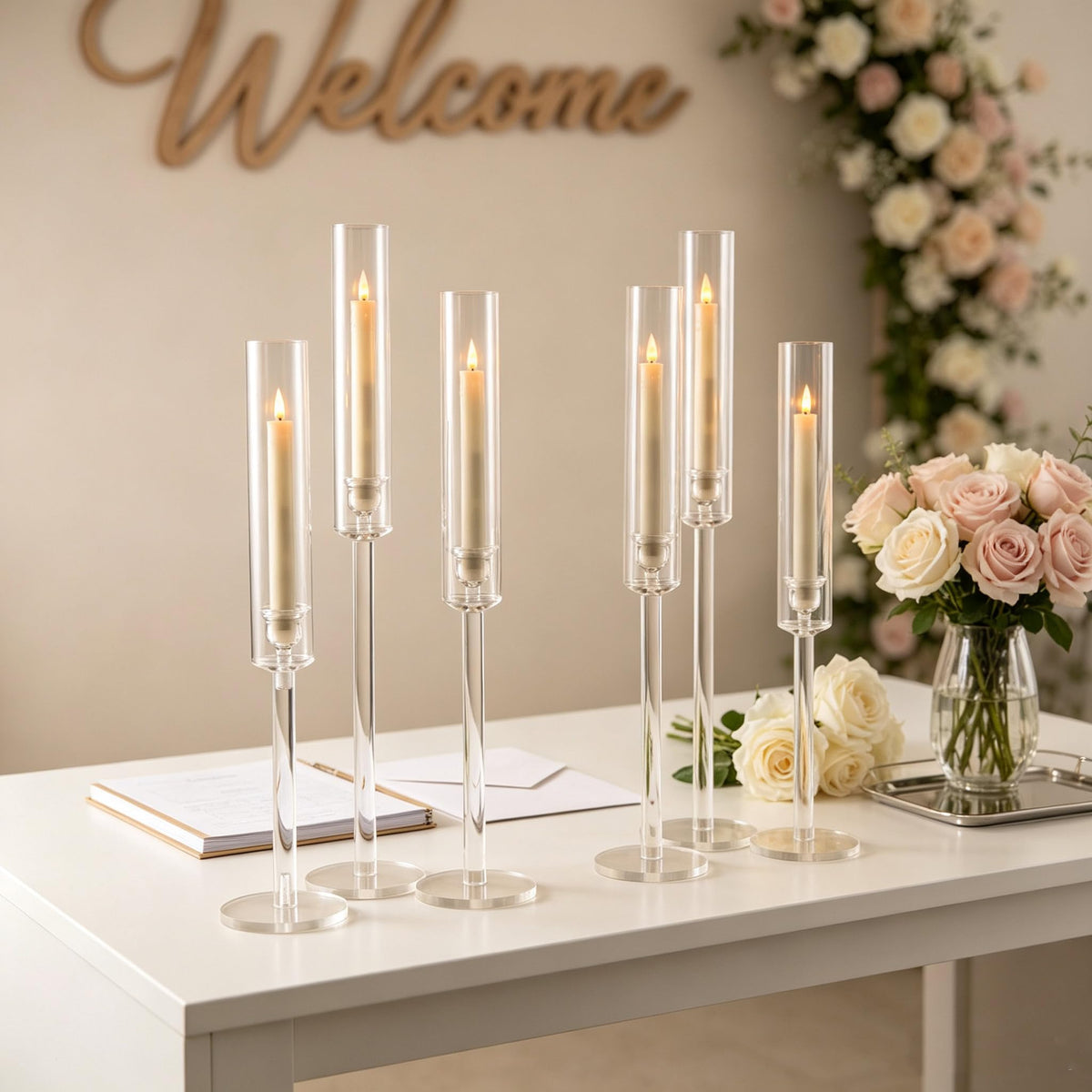 Vincidern 12pcs Clear Taper Candle Holder, Wedding Centerpieces for Tables, Acrylic Candlestick Holder for Dining Table, Long Candle Stick Candle Stand for Wedding, Party, Holiday, Event Decor