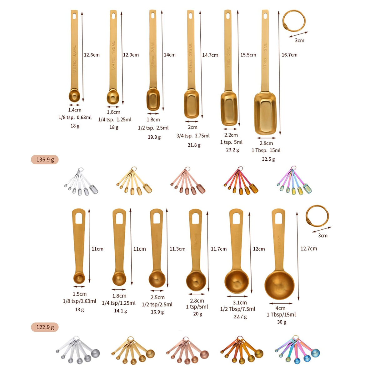 DOCBLACK Measuring Spoons, Heavy Duty 18/8 Stainless Steel Measuring Spoons Cups Set, Set of 6 for Gift Measuring Dry and Liquid Ingredients - Gold