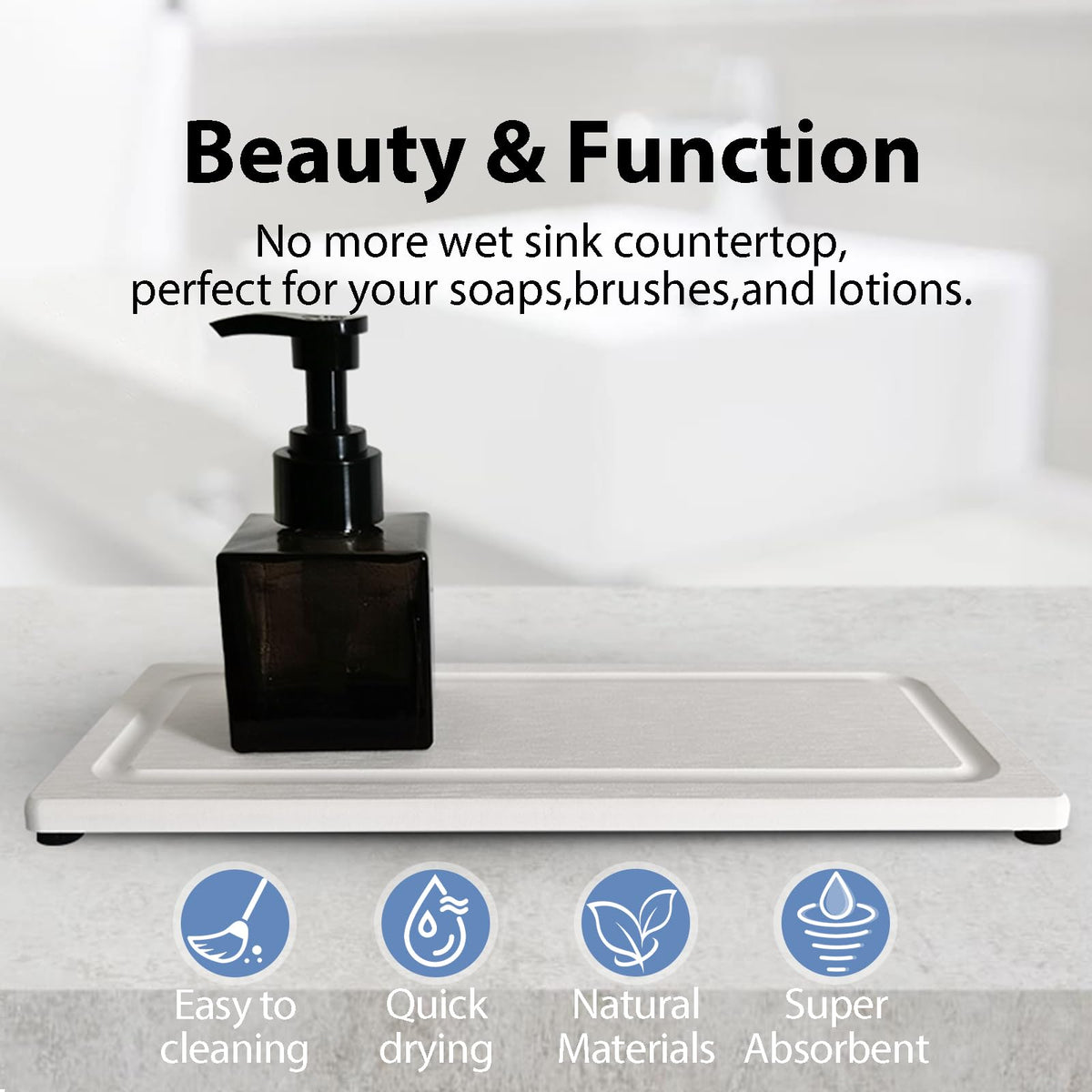 2 PCS Fast-Drying Stone Trays for Bathroom Sink & Kitchen Counter, Water Absorbing Diatomite Sink Coasters, Vanity Tray, Hand Soap Holder with Anti-Skid Pads (11" x 4.7" White)