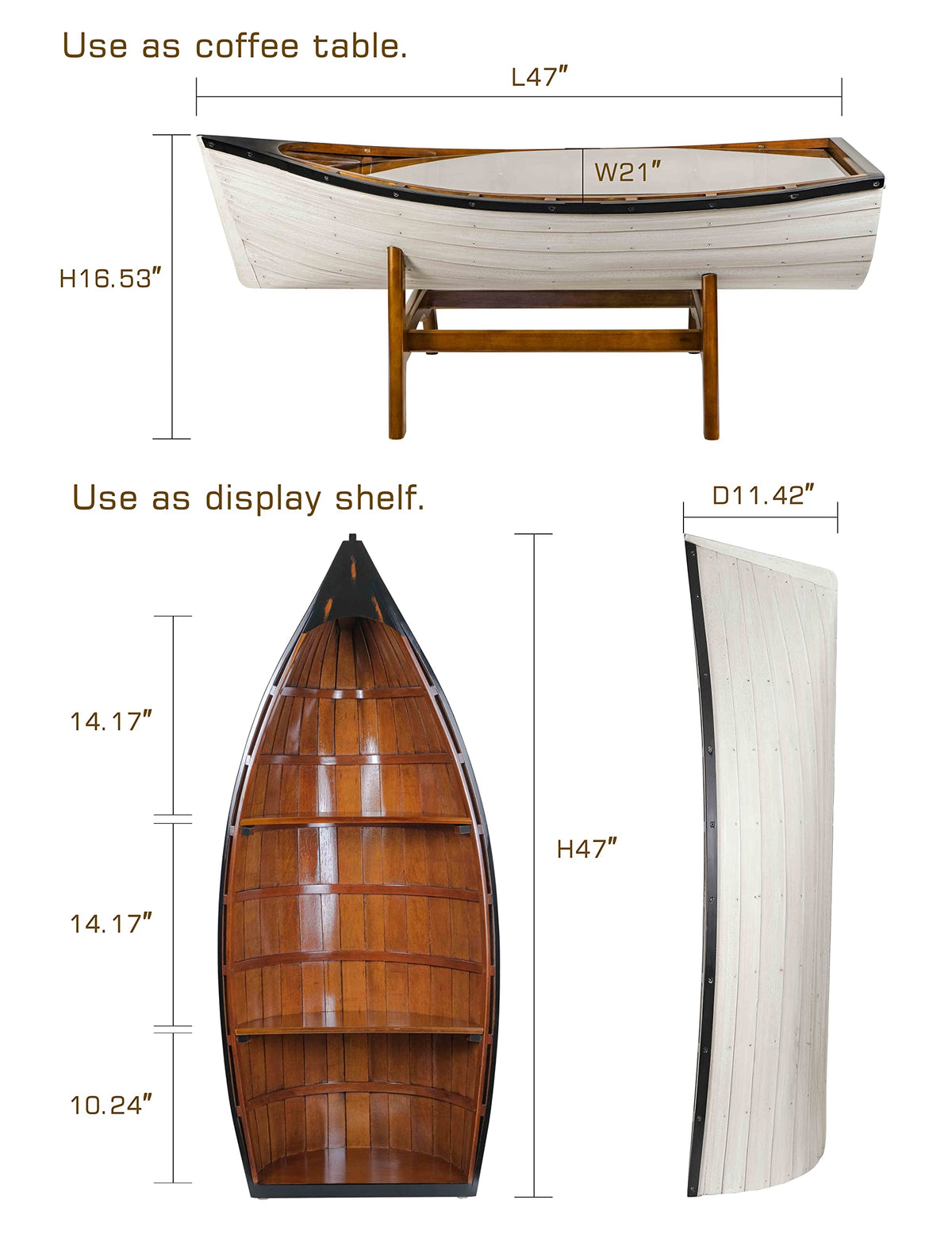 SAILINGSTORY Wooden Boat Coffee Table Boat Bookshelf Coastal Coffee Table Nautical Bookcase Lake House Decor Beach House Decor