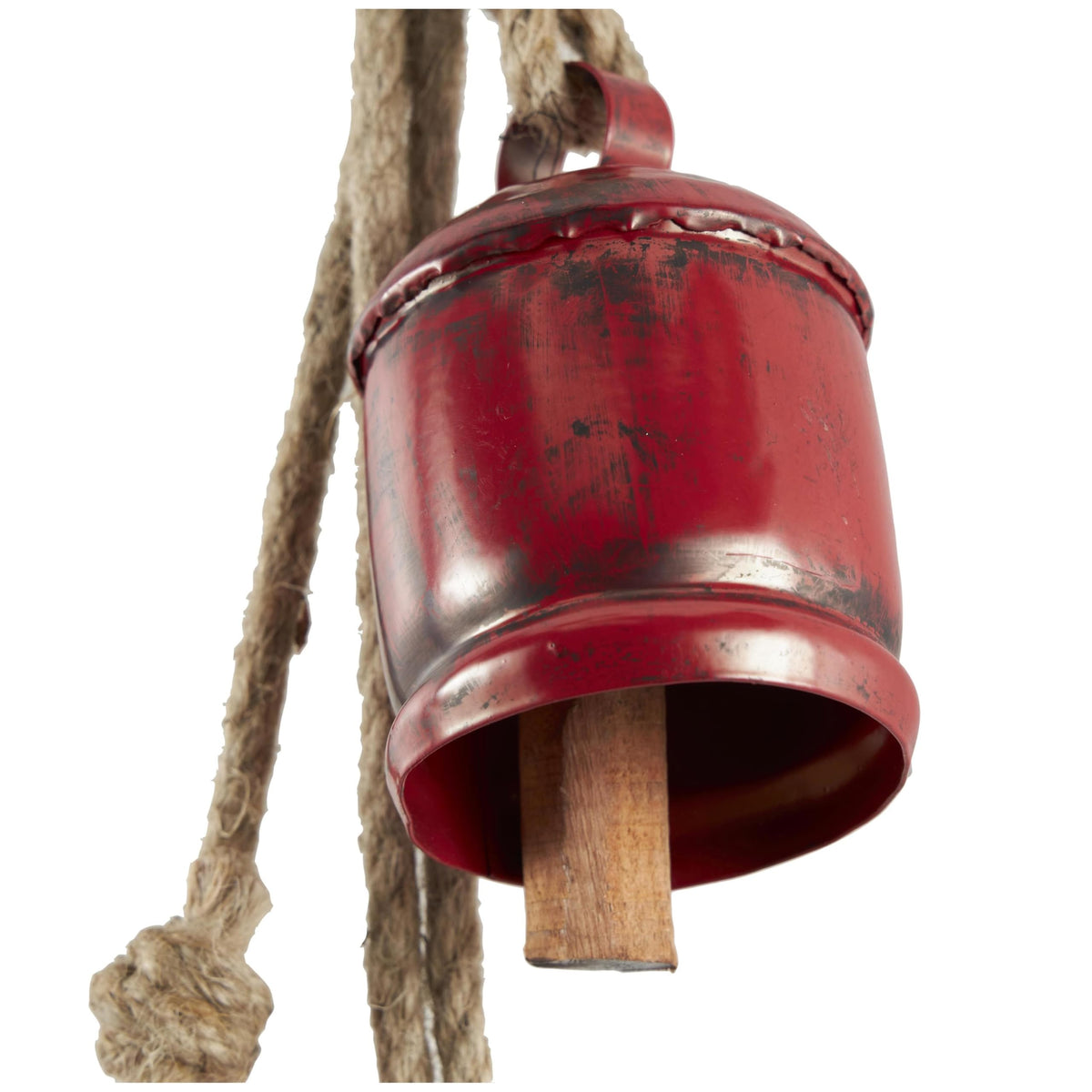 Deco 79 Metal Indoor Outdoor Decorative Cow Bells Tibetan Inspired Cascading Meditation Bell with 4 Bells on Jute Hanging Rope, Cow Bell 3" x 3" x 27", Red