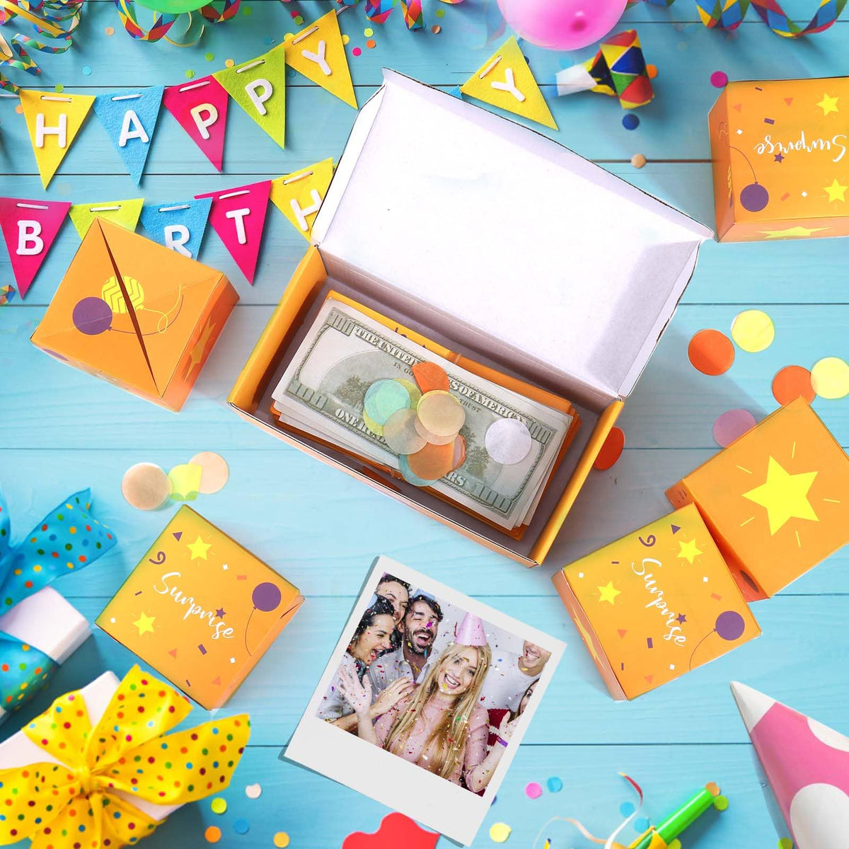 BABORUI Birthday Surprise Gift Box Explosion for Money with Confetti, Cash Explosion Gift Box for Women Men Kids (Yellow Birthday)