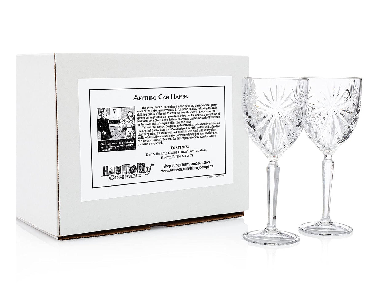 HISTORY COMPANY Starburst-Cut Crystal Tall Cocktail Glass – Nick & Nora-Inspired 2-Piece Set for Craft Cocktails (Gift Box Collection)