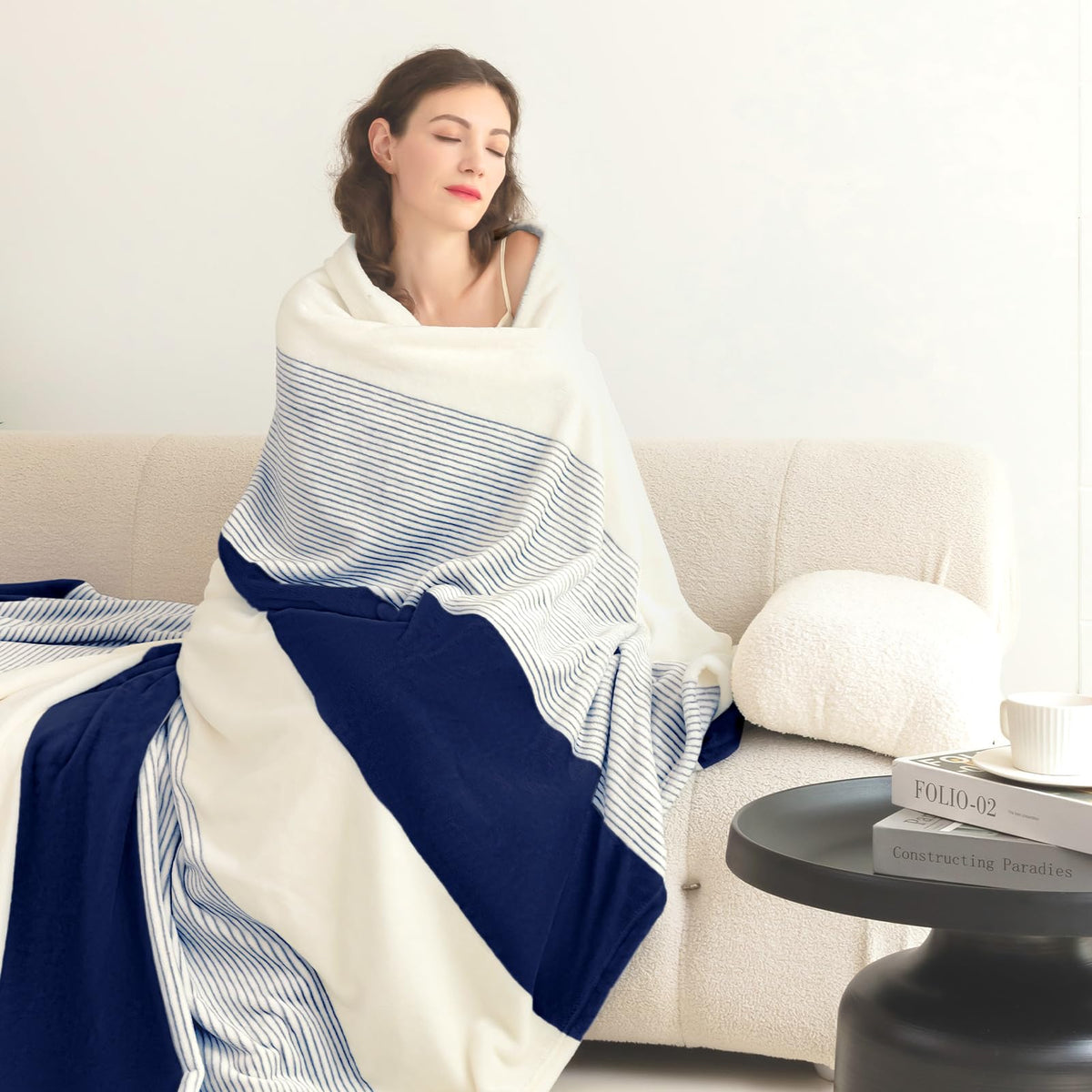 Homelike Moment Fleece Throw Blanket for Couch, Blue Soft Fluffy Blankets Throws, Fuzzy Cozy Plush Flannel Blanket for Sofa, Comfy Warm Lightweight Bed Blanket Striped (Navy Blue, 50x60IN)