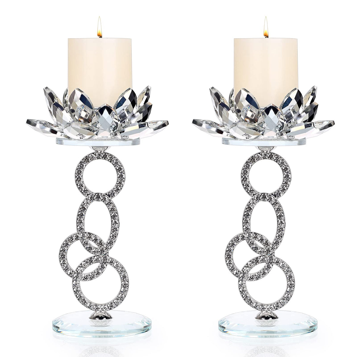 OwnMy Set of 2 Crystal Lotus Flower Candle Holders Metal Glass Lotus Pillar Candlestick Holders, Silver Crystal Lotus Tealight Candlesticks Votive Candle Stands for Wedding Table Centerpiece, 7.5" H