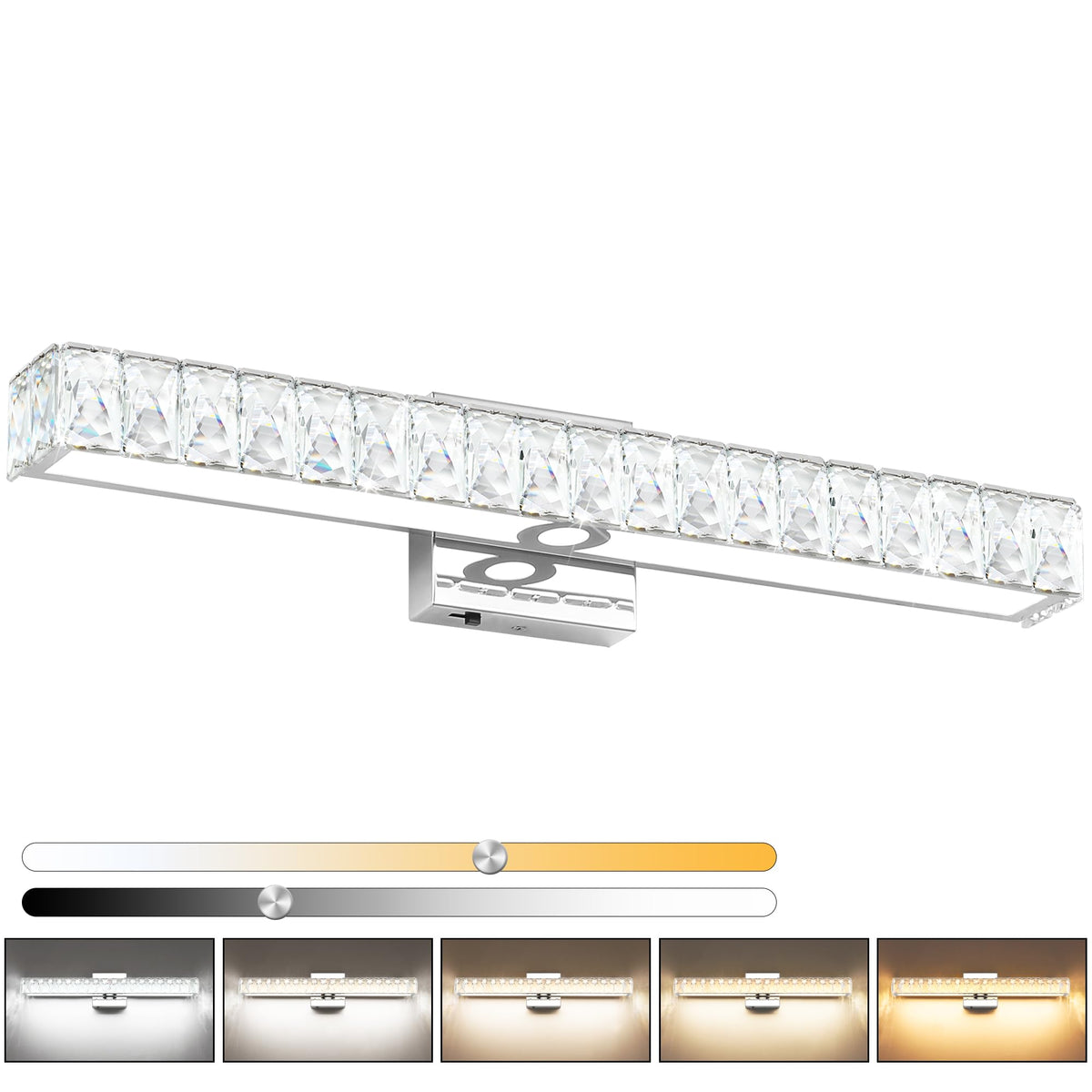 SOLFART Crystal Bathroom Lighting Fixtures Over Mirror, 24 Inch Chrome LED Vanity Light, 5 Color Adjustable 5CCT