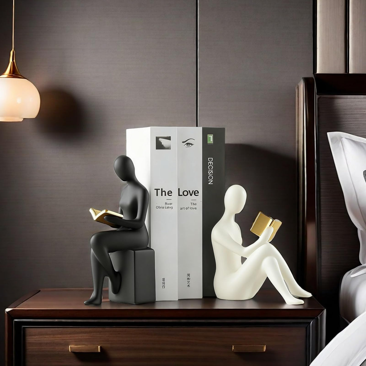 Home Decorative Reading Women Girl Statue Bookends Elegant Resin Bookshelf Room Office Desk Decor,Paper Weights, Book Ends,Bookend Supports, Book Stoppers, Set of 2 (Black and White)