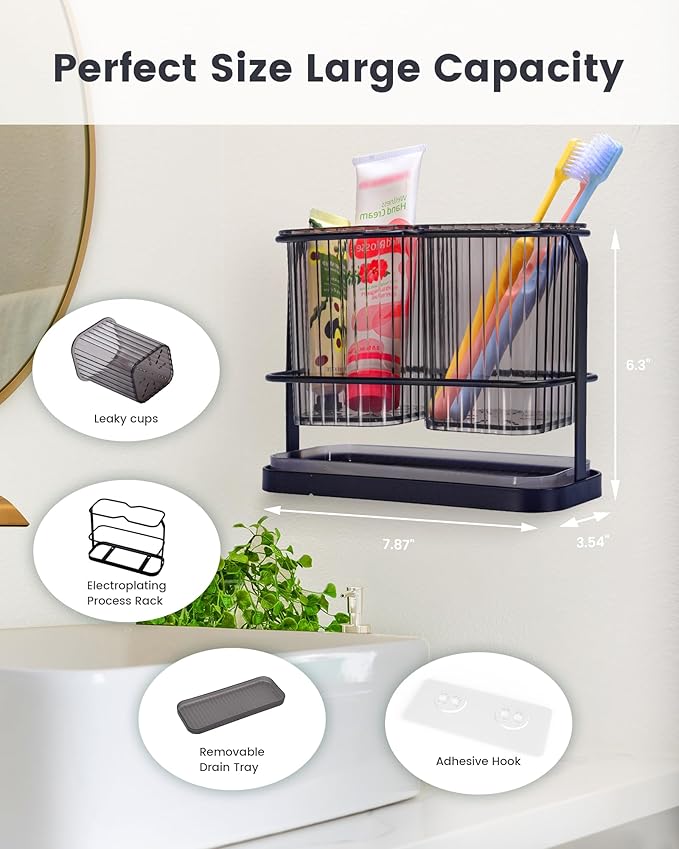 KONE Black Toothbrush Holders for Bathrooms, 2 Cups Toothbrush Holders Wall