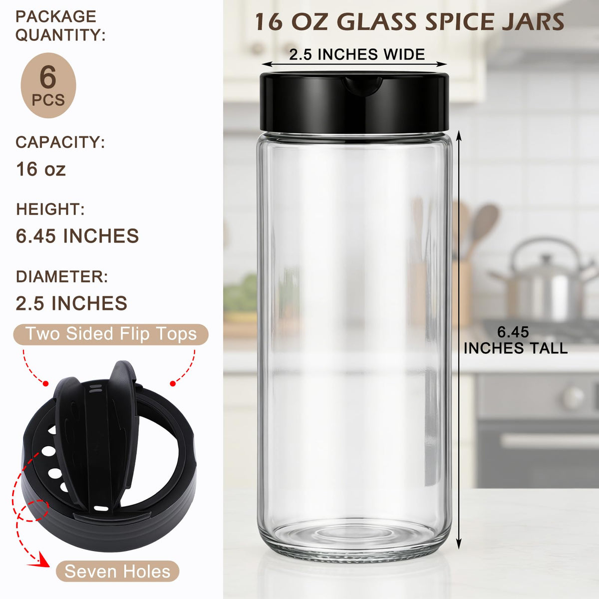 Acellegic 6 Pack 16 oz Glass Spice Jars with Shaker Tops Lids Large Spice Bottle with Lids for Kitchen, Herbs, Sugar, Pantry Herb Salt Pepper Storage (Round)