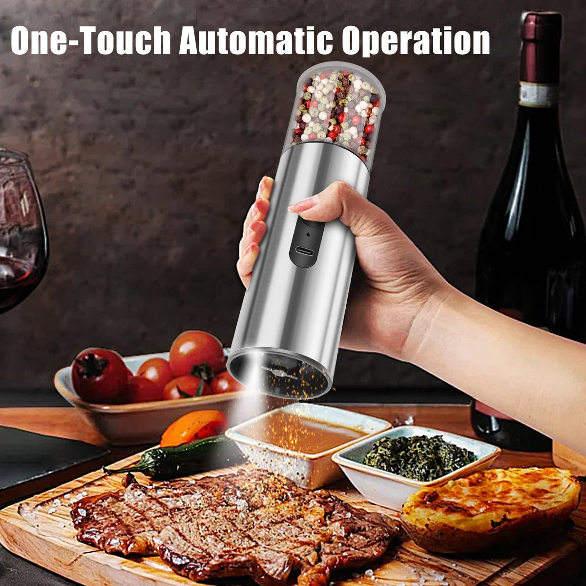 Enutogo Salt and Pepper Grinder Set, Electric Salt Pepper Shakers with Adjustable Coarseness, Automatic Salt Mill Grinder, Rechargeable Salt Grinder Refillable, One-Hand Operation with LED Light (2)