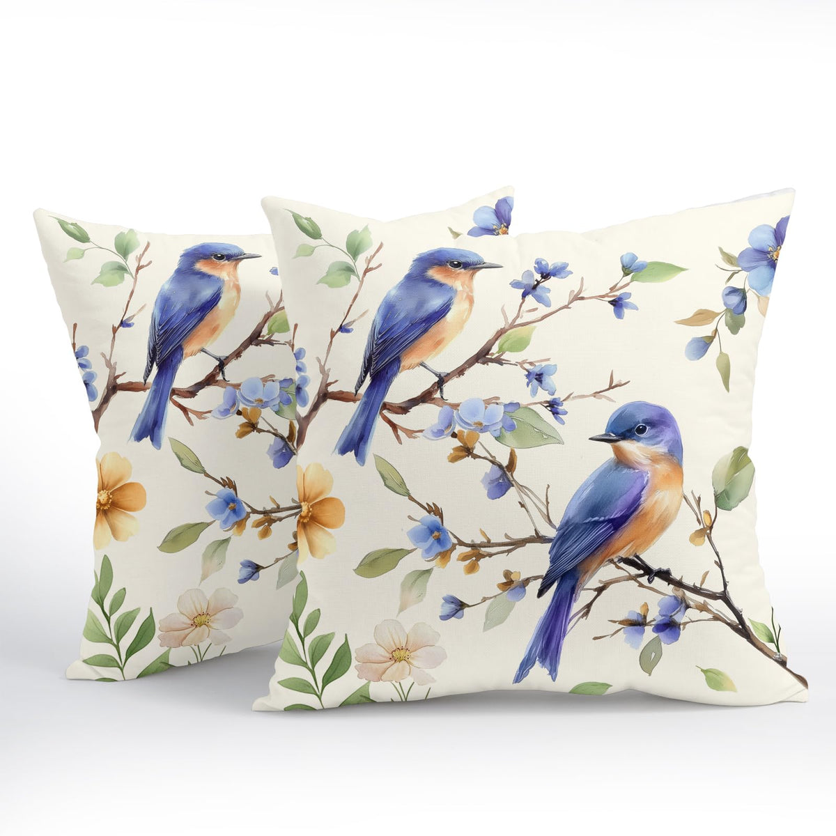 Spring Summer Pillow Covers 24x24 Inch Set of 2 Blue Floral Bird Decorative Outdoor Throw Pillows Yellow Green Flower Pillowcases Cotton Linen Cushion Cover for Sofa Bed Couch Home Decor