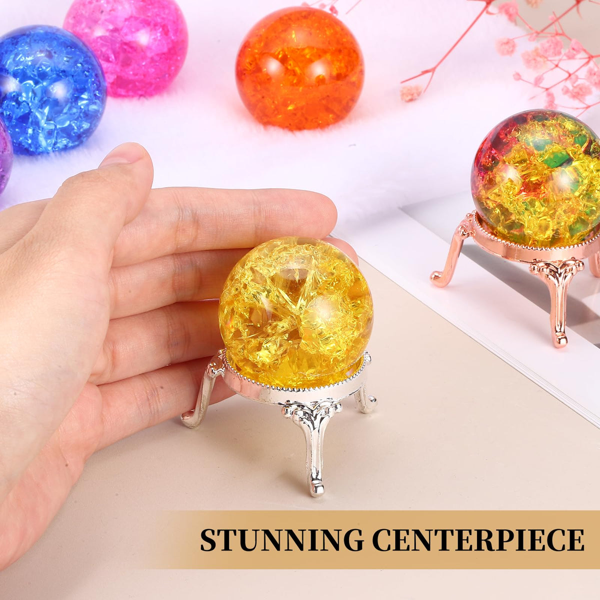 PATIKIL Crystal Ball 40mm, Ice Cracked Glass Ball with Metal Stand, Decorative Crystal Sphere Glass Paperweight for Home Office Table Decor, Yellow/Rose Gold