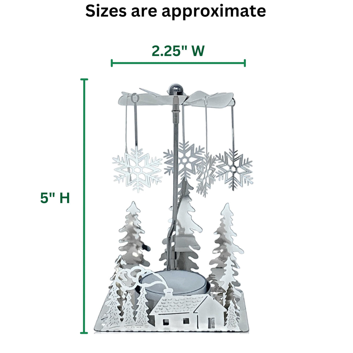 Winter Cabin Silver Holiday Candle Spinners Set of 3, Silver Plated Laser Cut Christmas Tea Light Candle Holders with Cabin, Trees & Snowflake Charms, Spinning Winter Scene Table Decor, 5 Inch