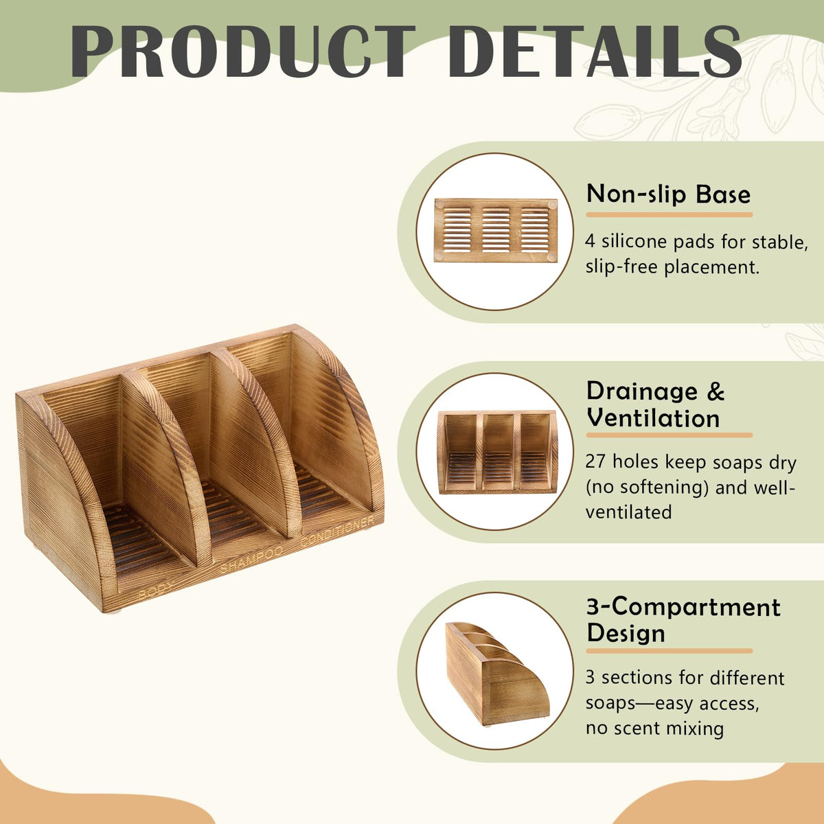 Ferrochef Wooden Shampoo Bar Holder Multi Bar Soap Dish with Self Draining, 3 Slot, Natural Wood Soap Holder for Shower Conditioner Bathroom Organizer, Extend Shampoo Life, Keep Dry Neat