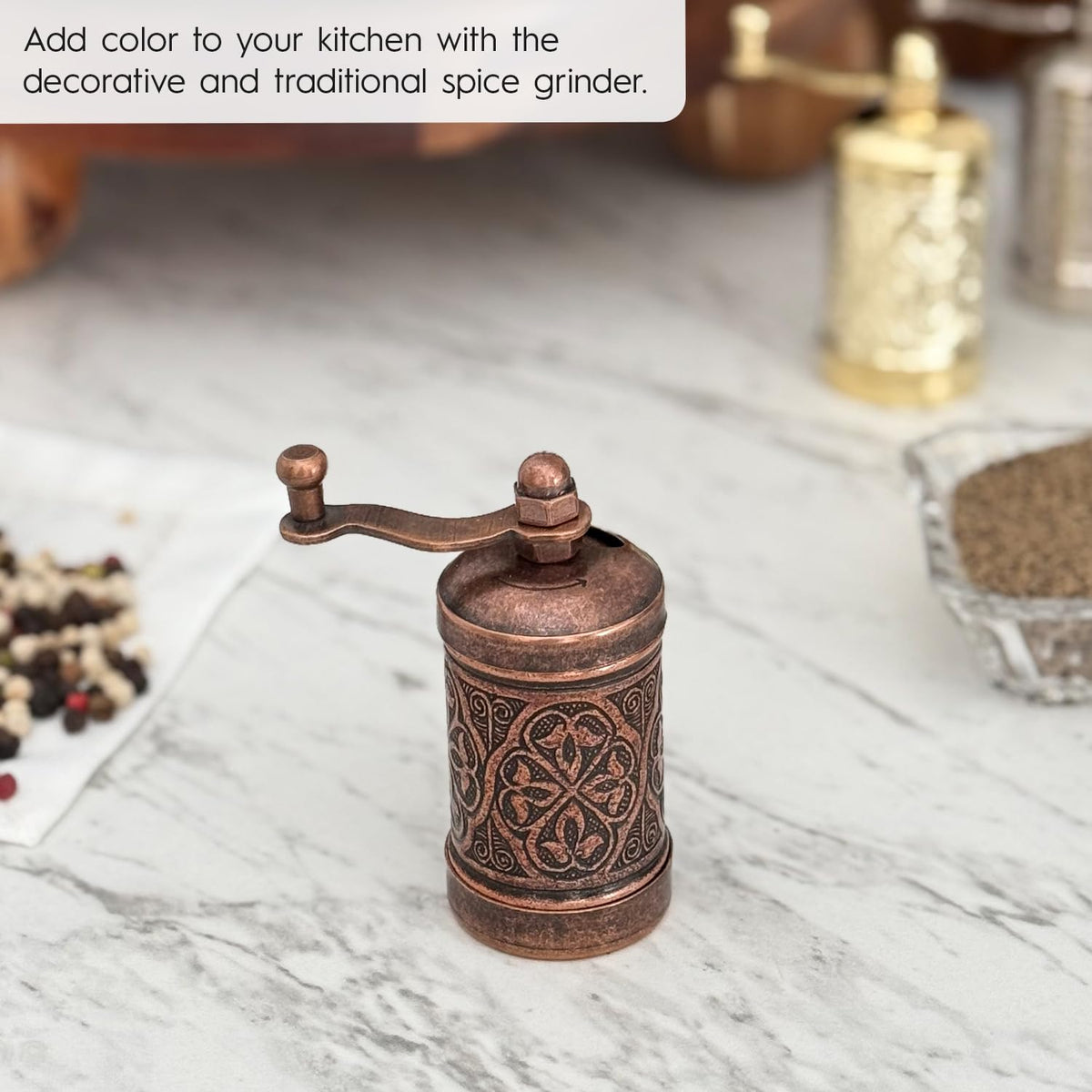 Glios Decorative Handmade Black Pepper Grinder, Refillable Turkish Spice Mill with Adjustable Coarseness, Manual Pepper Mill with Handle, Spice Grinder with Hand Crank 8 cm-3.1 inch (Bronze)